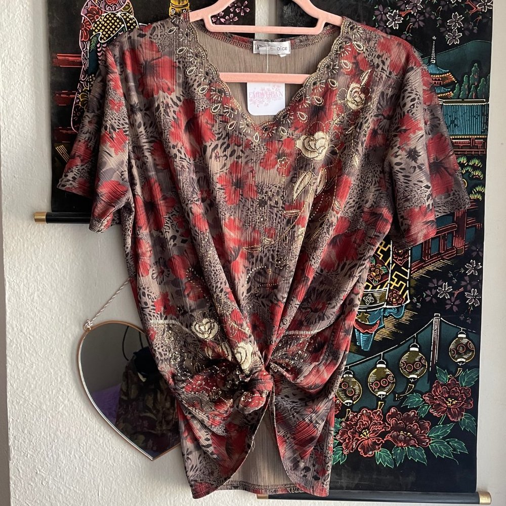 Vintage 90s y2k Animal Print Floral Glitter Top Size L